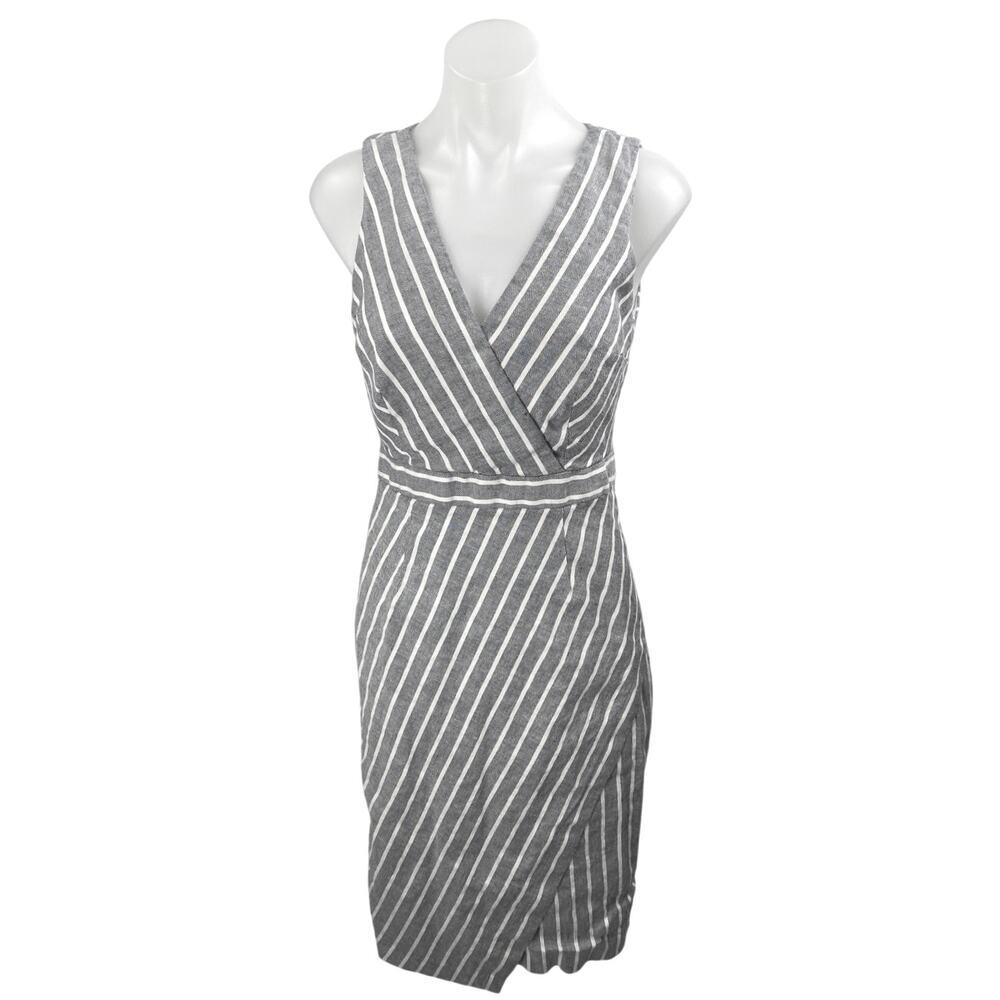 Banana Republic Gray White Striped Sleeveless V Neck Midi Sheath Dress Size 0